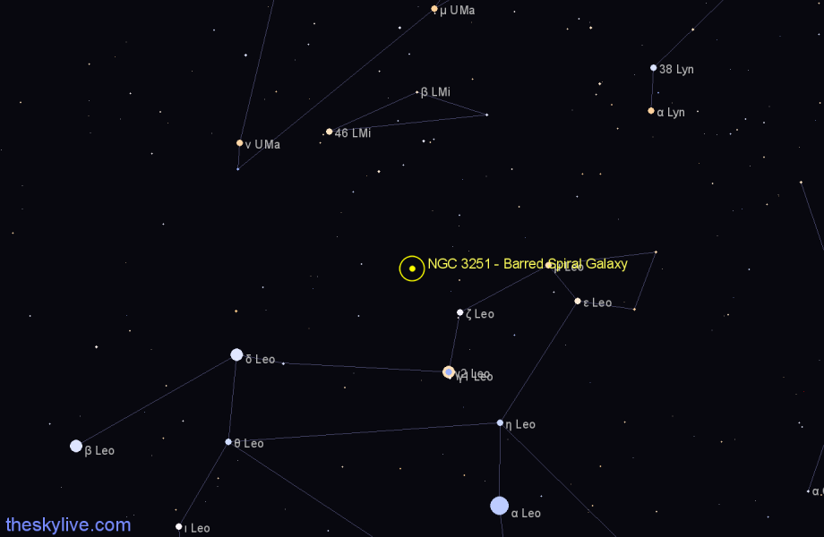 Finder chart NGC 3251 - Barred Spiral Galaxy in Leo star