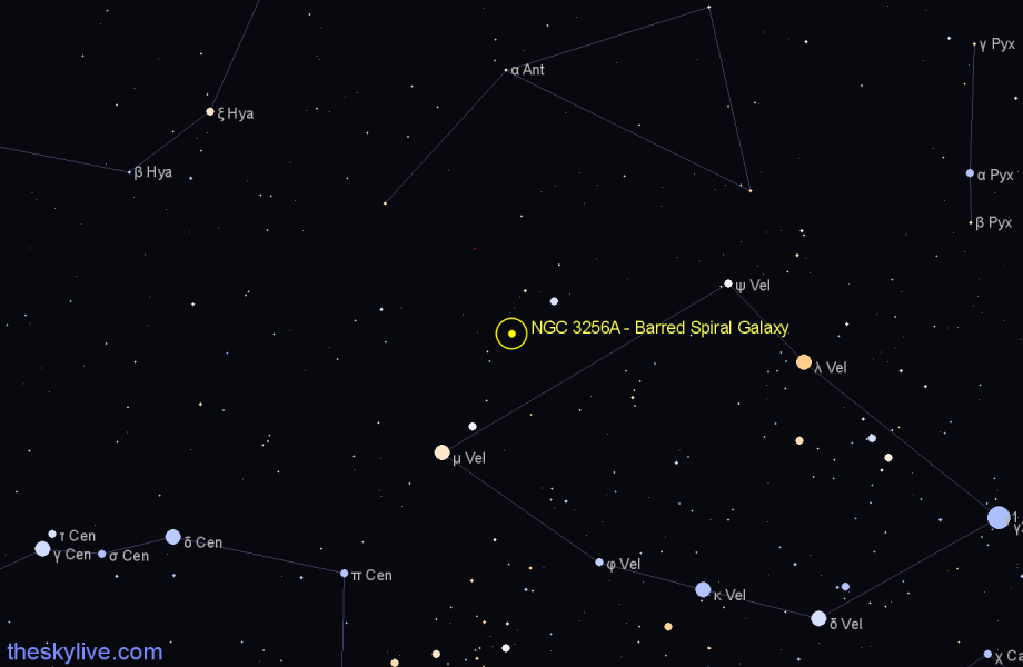 Finder chart NGC 3256A - Barred Spiral Galaxy in Vela star