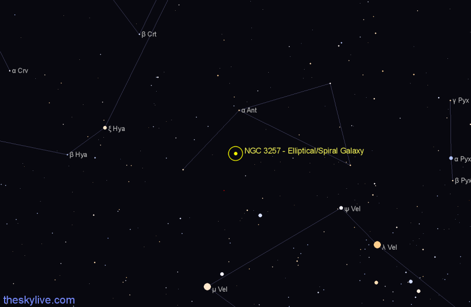 Finder chart NGC 3257 - Elliptical/Spiral Galaxy in Antlia star