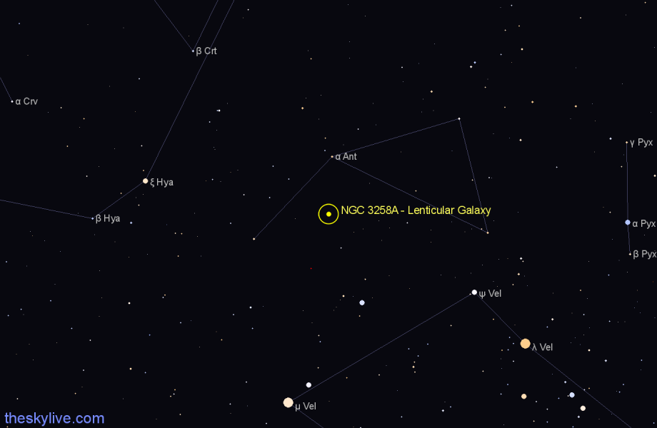 Finder chart NGC 3258A - Lenticular Galaxy in Antlia star