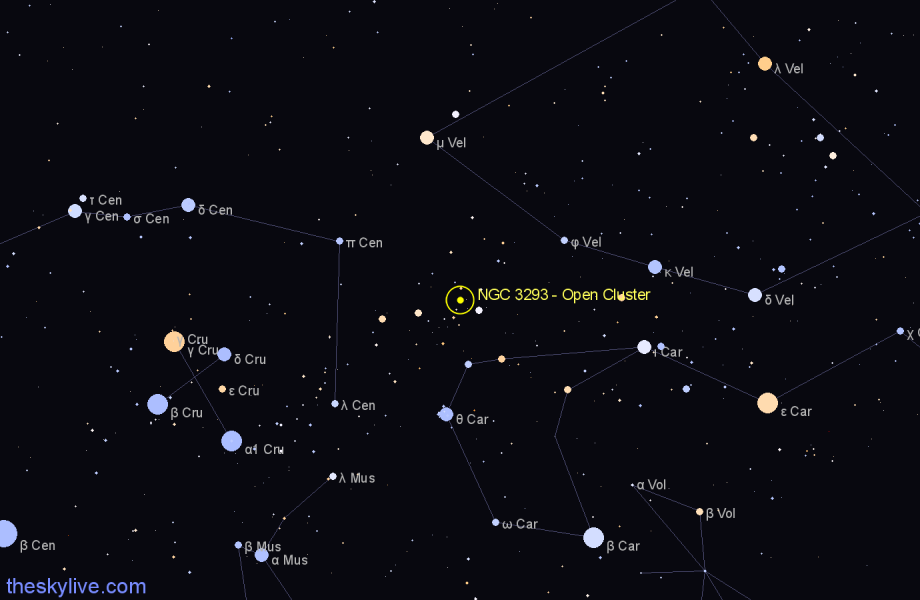 Finder chart NGC 3293 - Open Cluster in Carina star