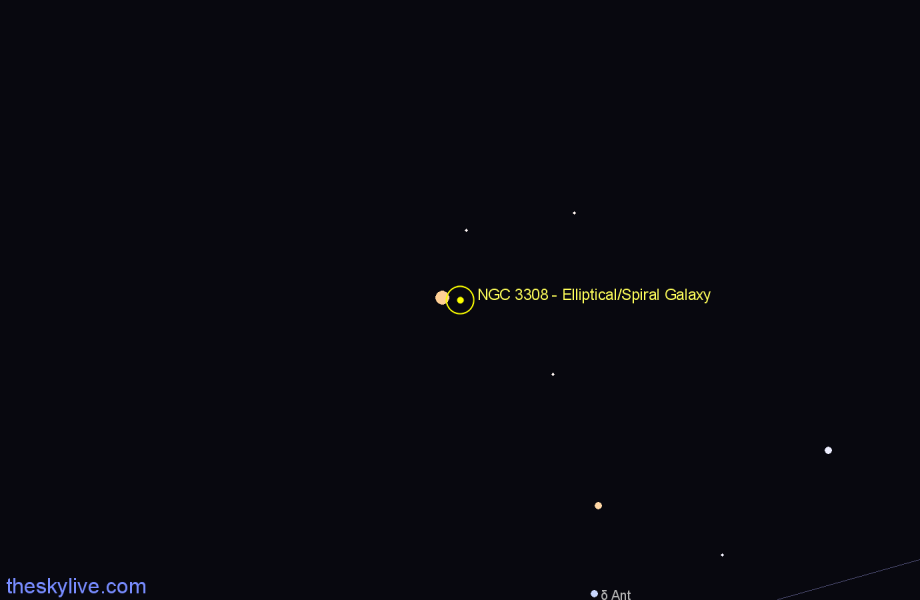 Finder chart NGC 3308 - Elliptical/Spiral Galaxy in Hydra star