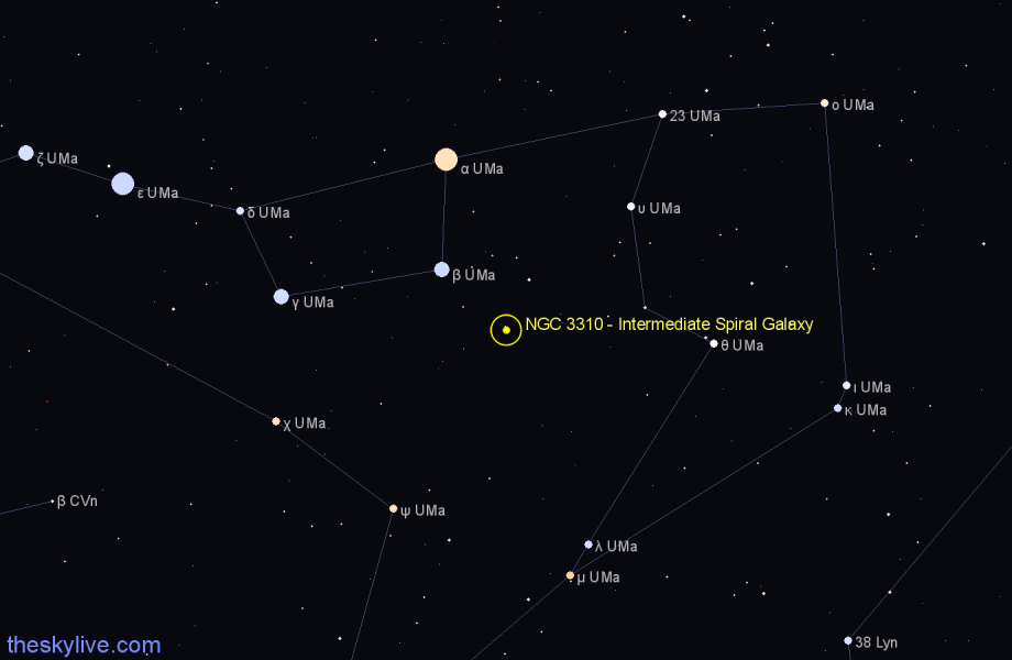 Finder chart NGC 3310 - Intermediate Spiral Galaxy in Ursa Major star