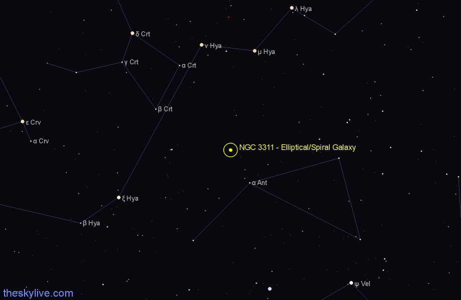 Finder chart NGC 3311 - Elliptical/Spiral Galaxy in Hydra star