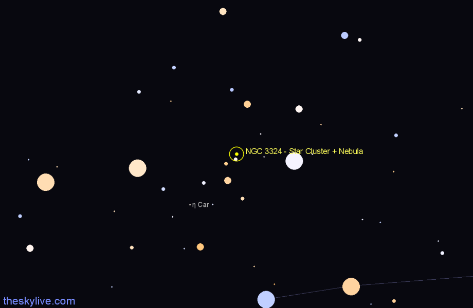 Finder chart NGC 3324 - Star Cluster + Nebula in Carina star