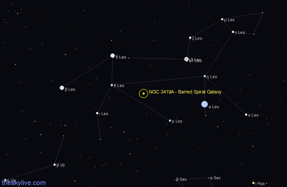 Finder chart NGC 3419A - Barred Spiral Galaxy in Leo star