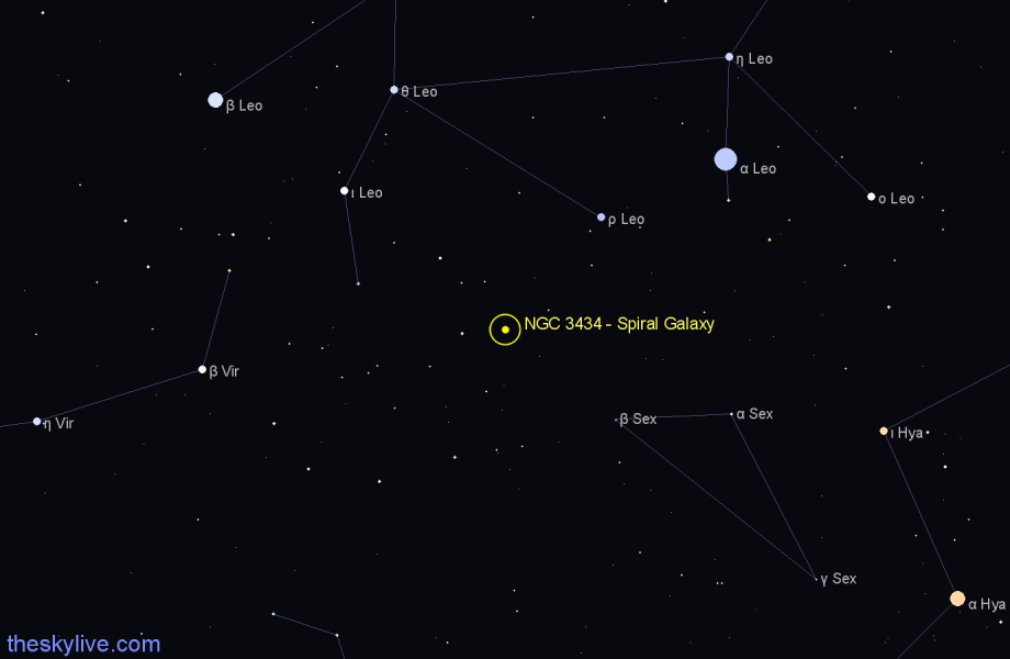 Finder chart NGC 3434 - Spiral Galaxy in Leo star