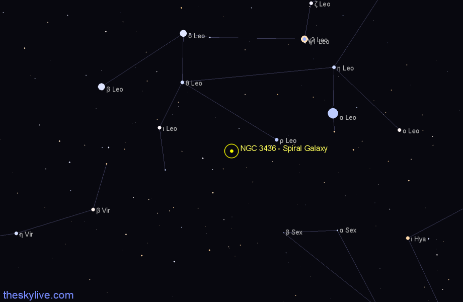 Finder chart NGC 3436 - Spiral Galaxy in Leo star