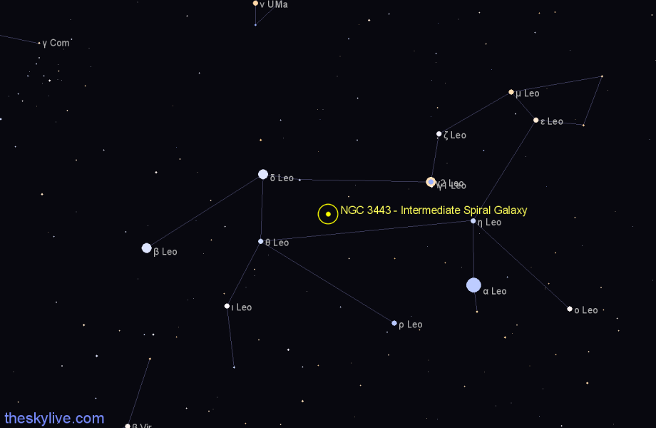 Finder chart NGC 3443 - Intermediate Spiral Galaxy in Leo star