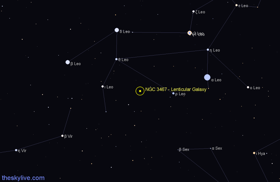 Finder chart NGC 3467 - Lenticular Galaxy in Leo star