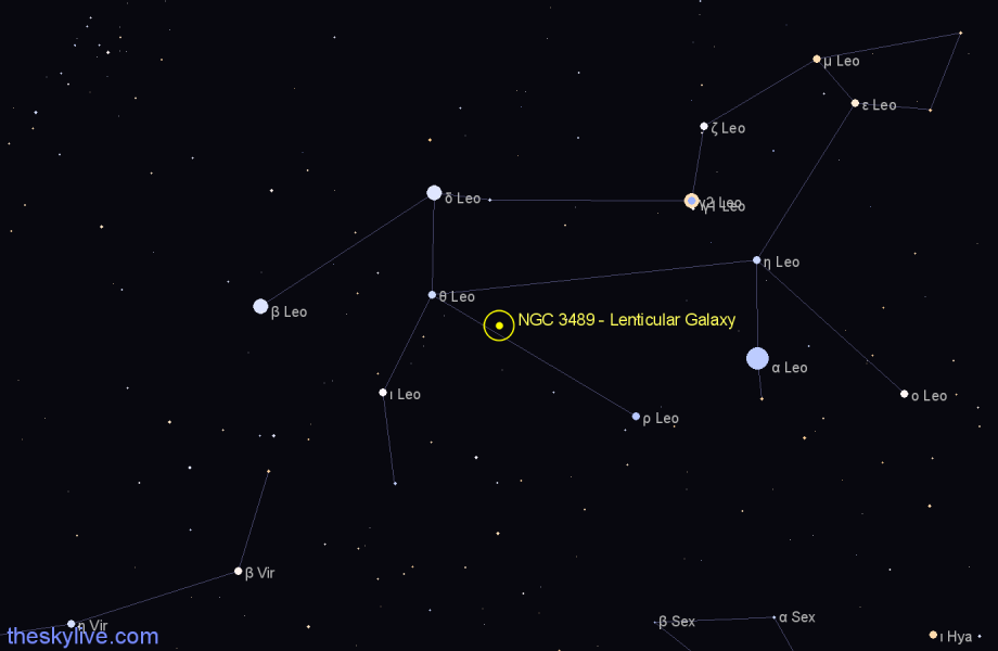 Finder chart NGC 3489 - Lenticular Galaxy in Leo star