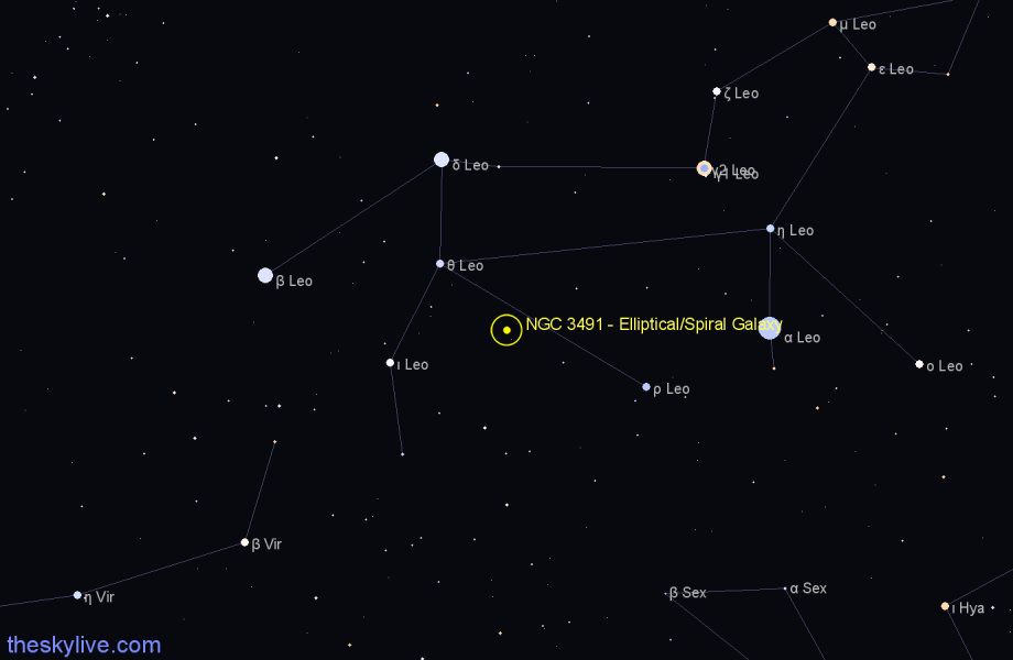 Finder chart NGC 3491 - Elliptical/Spiral Galaxy in Leo star