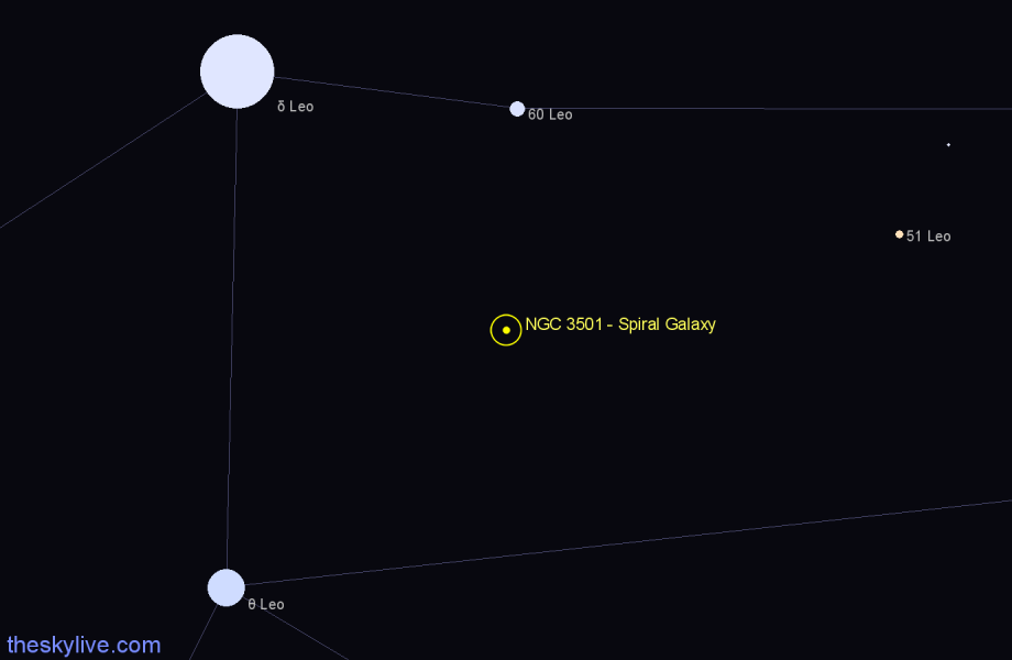 Finder chart NGC 3501 - Spiral Galaxy in Leo star