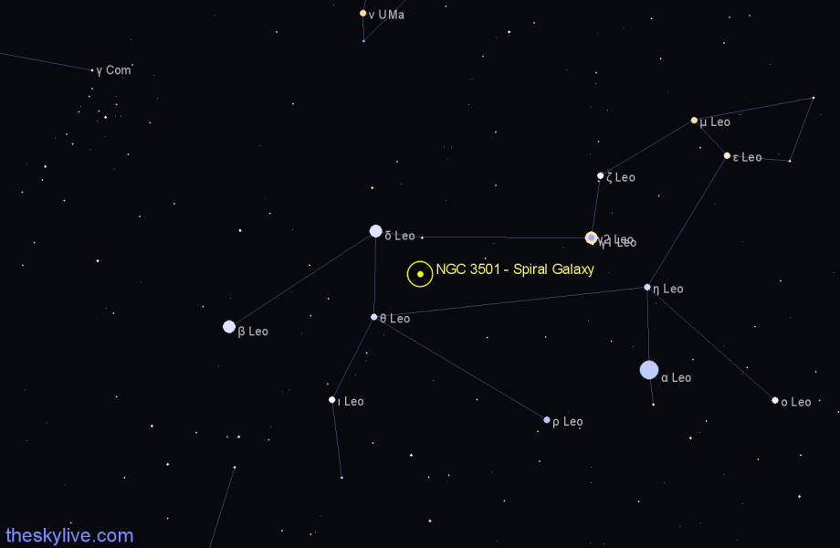 Finder chart NGC 3501 - Spiral Galaxy in Leo star