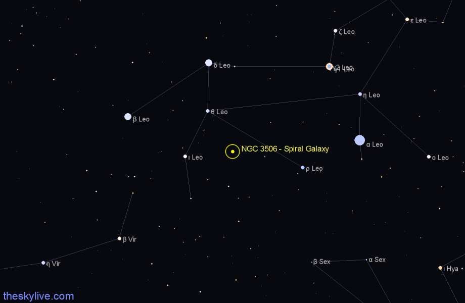 Finder chart NGC 3506 - Spiral Galaxy in Leo star