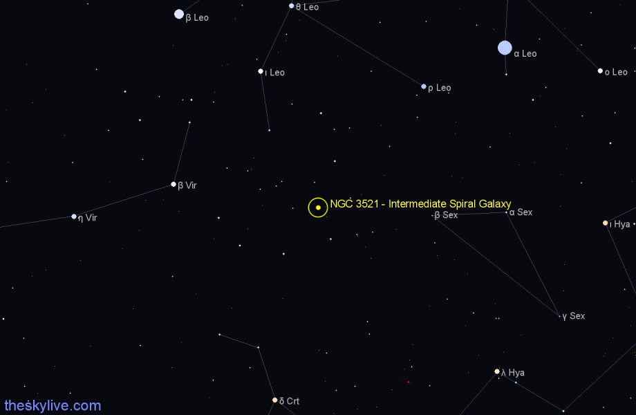 Finder chart NGC 3521 - Intermediate Spiral Galaxy in Leo star