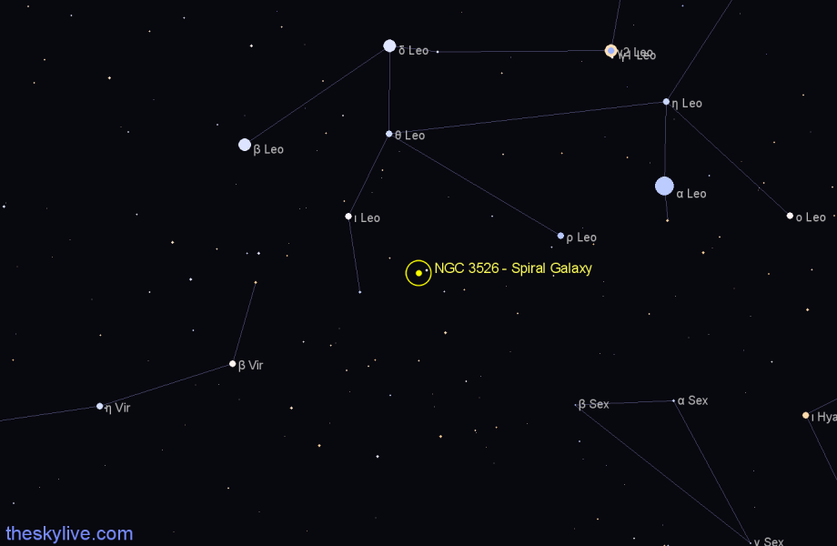 Finder chart NGC 3526 - Spiral Galaxy in Leo star