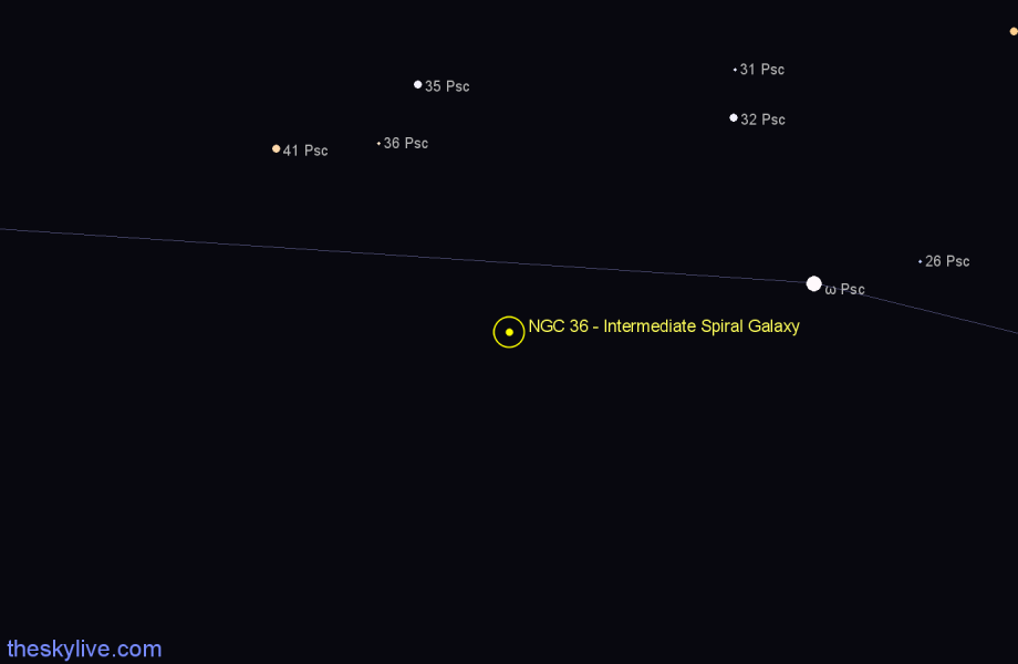 Finder chart NGC 36 - Intermediate Spiral Galaxy in Pisces star
