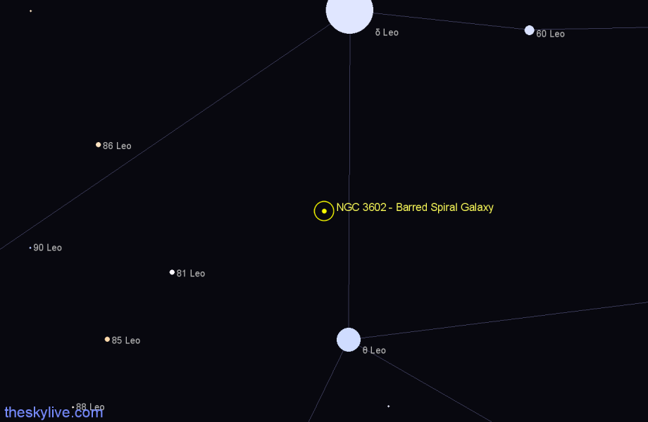 Finder chart NGC 3602 - Barred Spiral Galaxy in Leo star