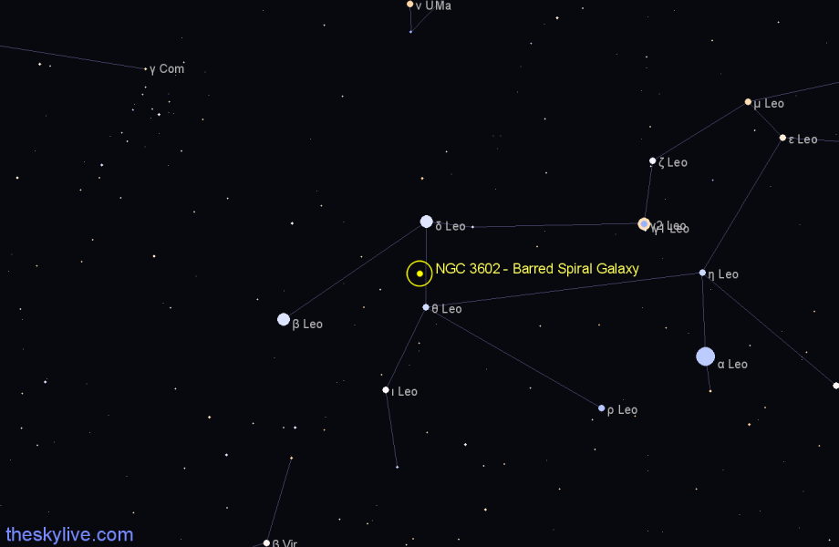 Finder chart NGC 3602 - Barred Spiral Galaxy in Leo star