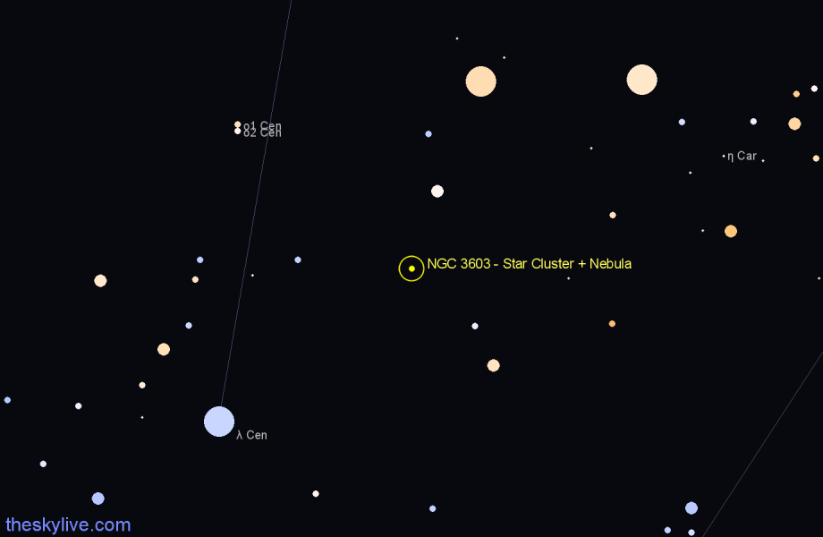 Finder chart NGC 3603 - Star Cluster + Nebula in Carina star