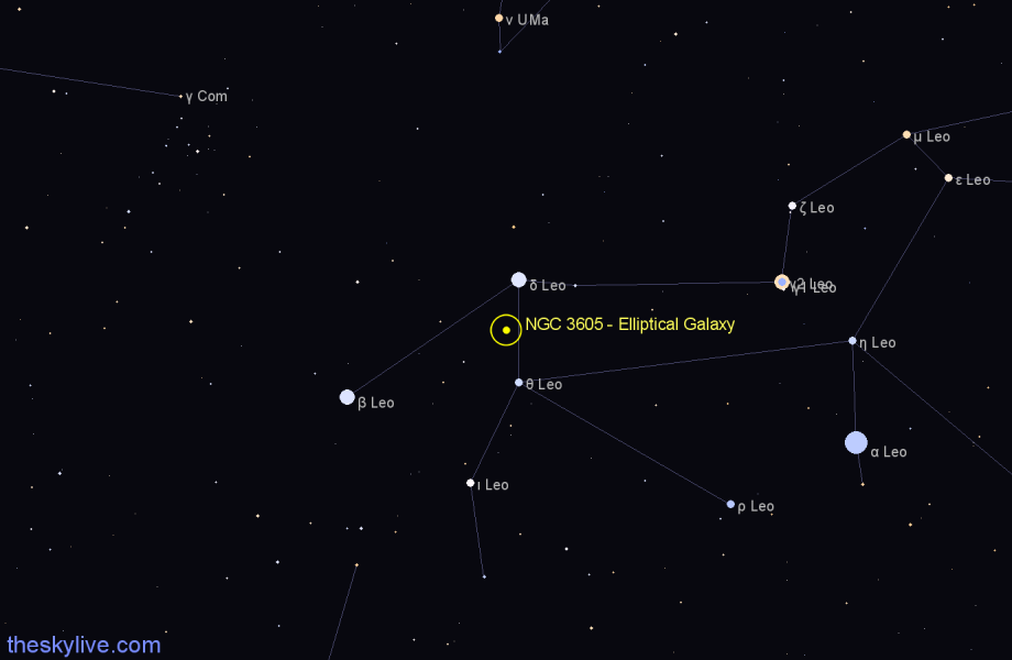 Finder chart NGC 3605 - Elliptical Galaxy in Leo star