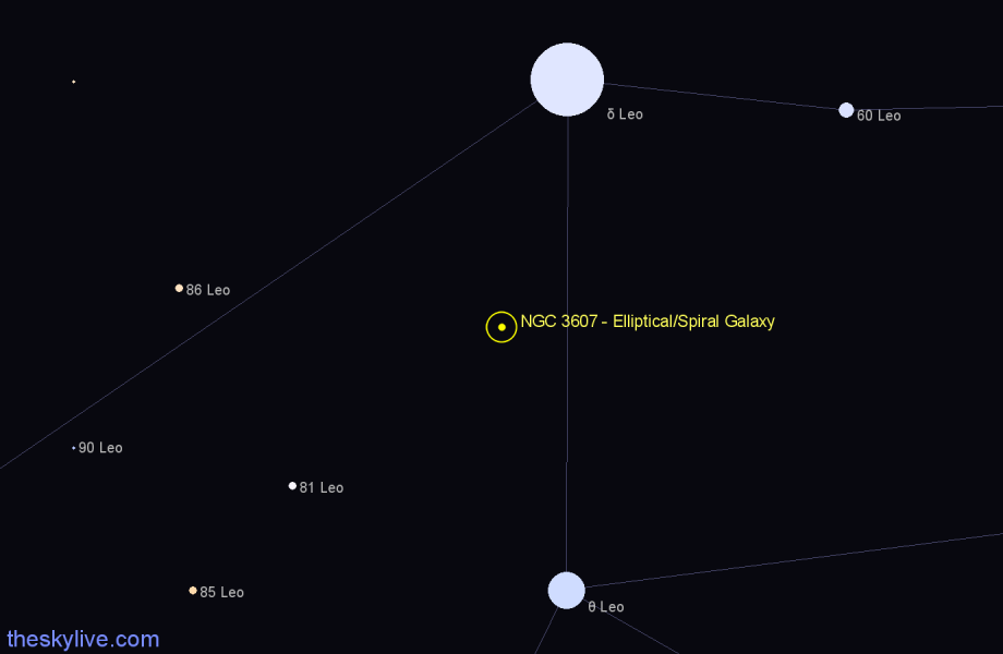 Finder chart NGC 3607 - Elliptical/Spiral Galaxy in Leo star