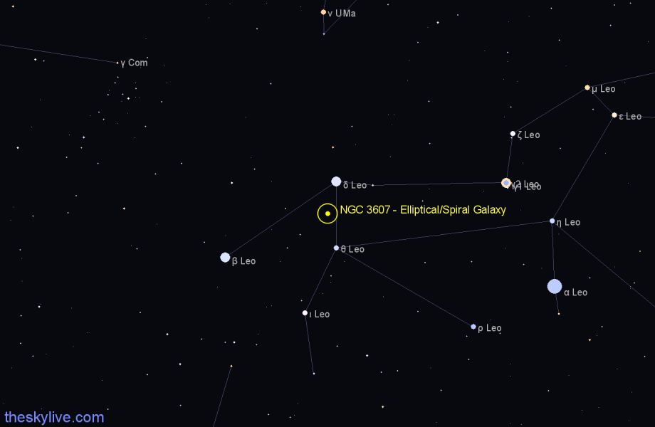 Finder chart NGC 3607 - Elliptical/Spiral Galaxy in Leo star