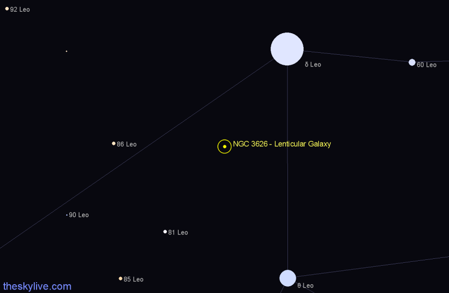 Finder chart NGC 3626 - Lenticular Galaxy in Leo star