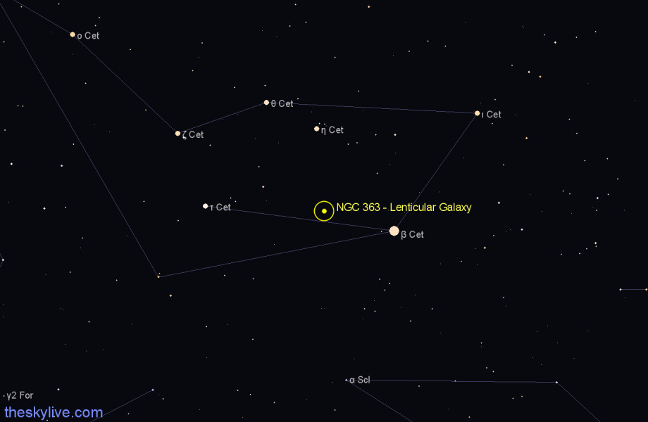 Finder chart NGC 363 - Lenticular Galaxy in Cetus star