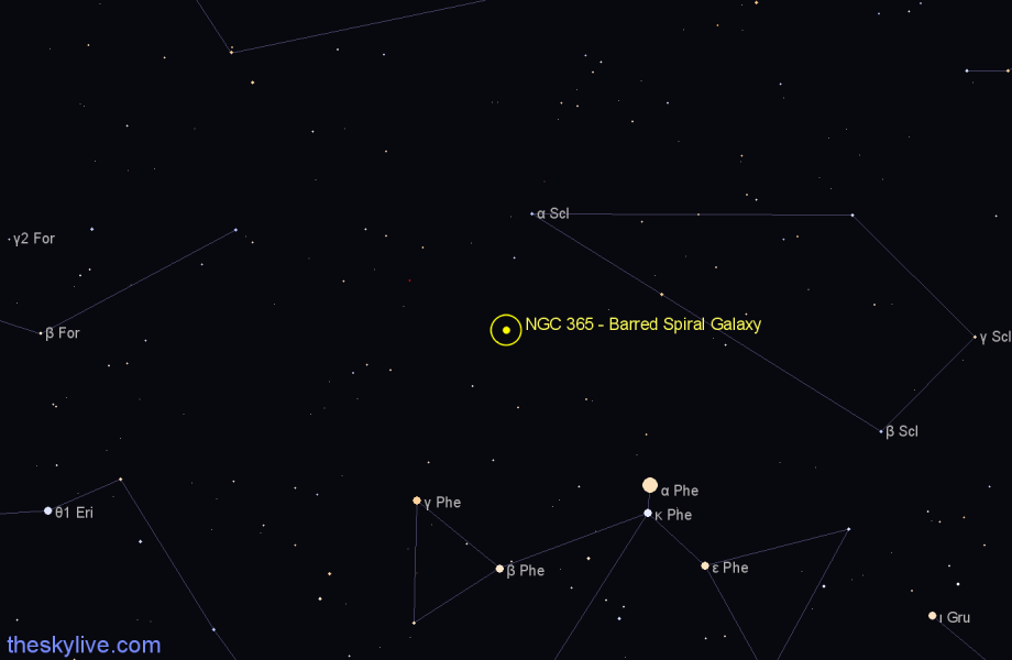 Finder chart NGC 365 - Barred Spiral Galaxy in Sculptor star