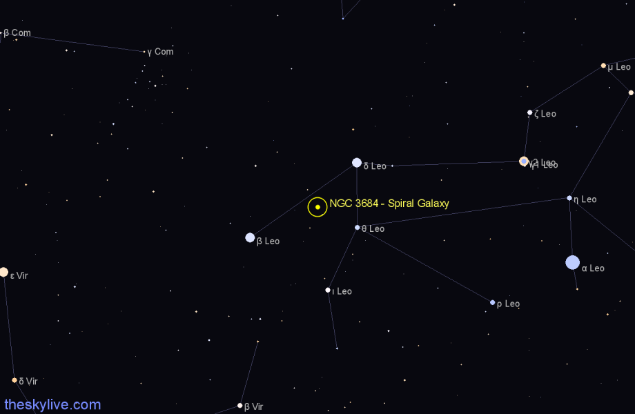 Finder chart NGC 3684 - Spiral Galaxy in Leo star