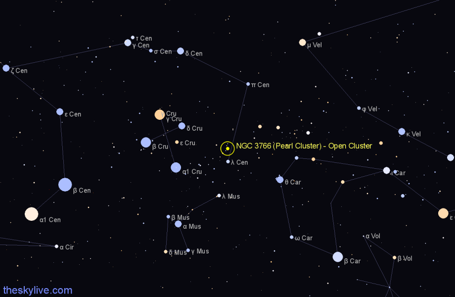 Finder chart NGC 3766 (Pearl Cluster) - Open Cluster in Centaurus star