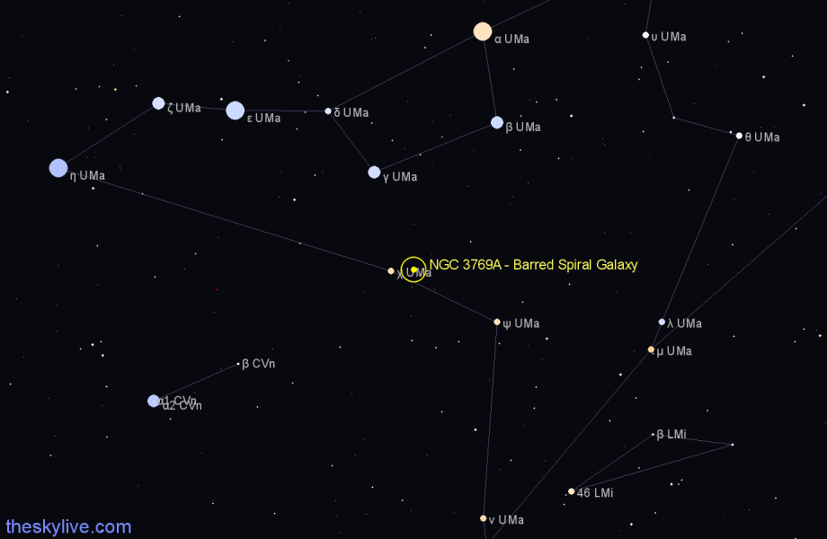 Finder chart NGC 3769A - Barred Spiral Galaxy in Ursa Major star