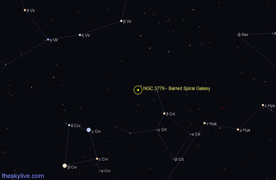 Finder chart NGC 3779 - Barred Spiral Galaxy in Crater star