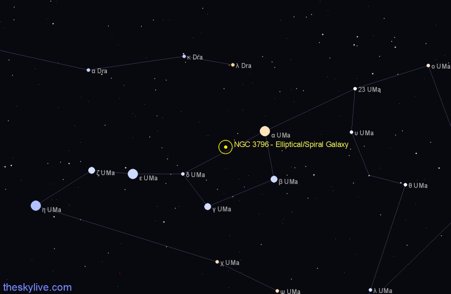 Finder chart NGC 3796 - Elliptical/Spiral Galaxy in Ursa Major star