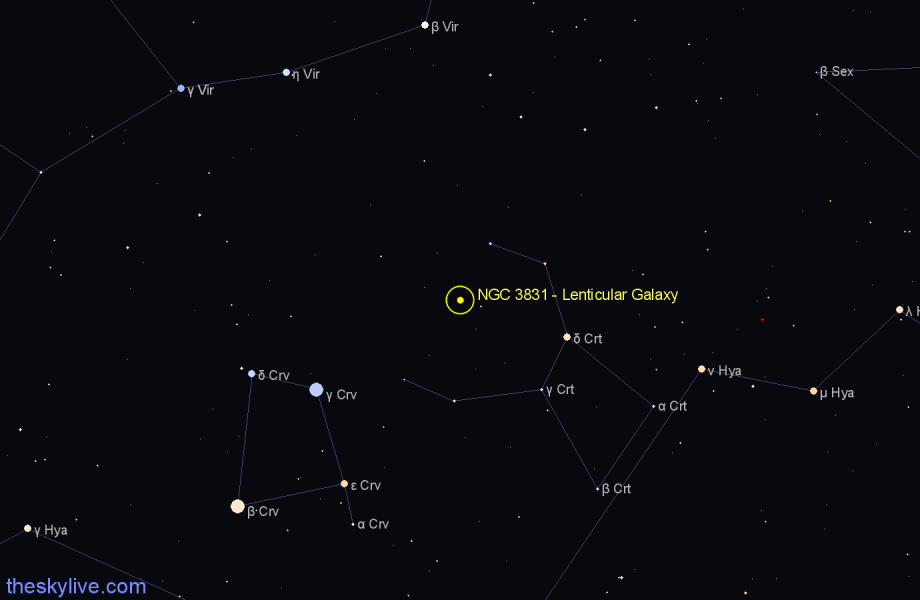 Finder chart NGC 3831 - Lenticular Galaxy in Crater star