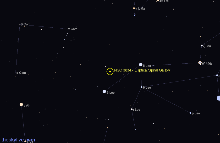 Finder chart NGC 3834 - Elliptical/Spiral Galaxy in Leo star