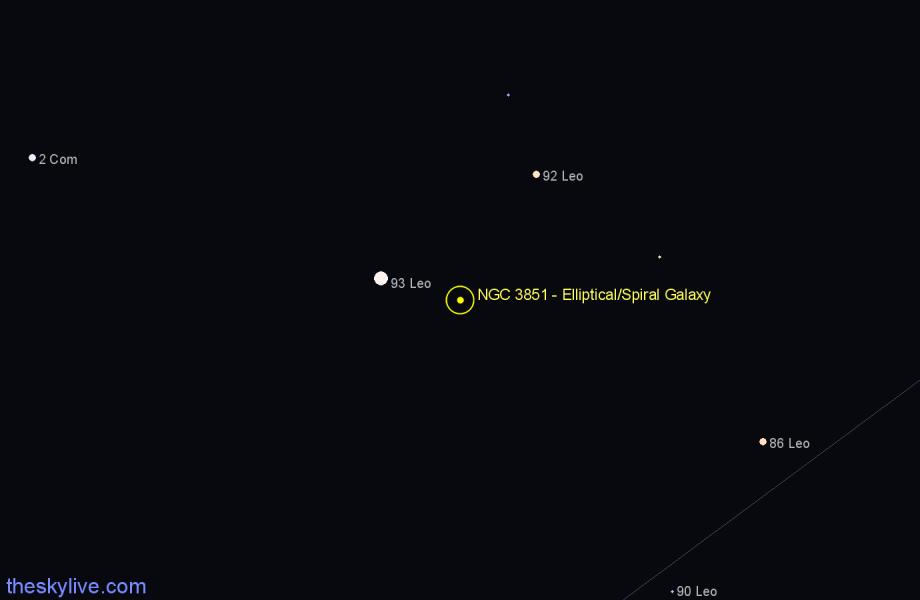 Finder chart NGC 3851 - Elliptical/Spiral Galaxy in Leo star