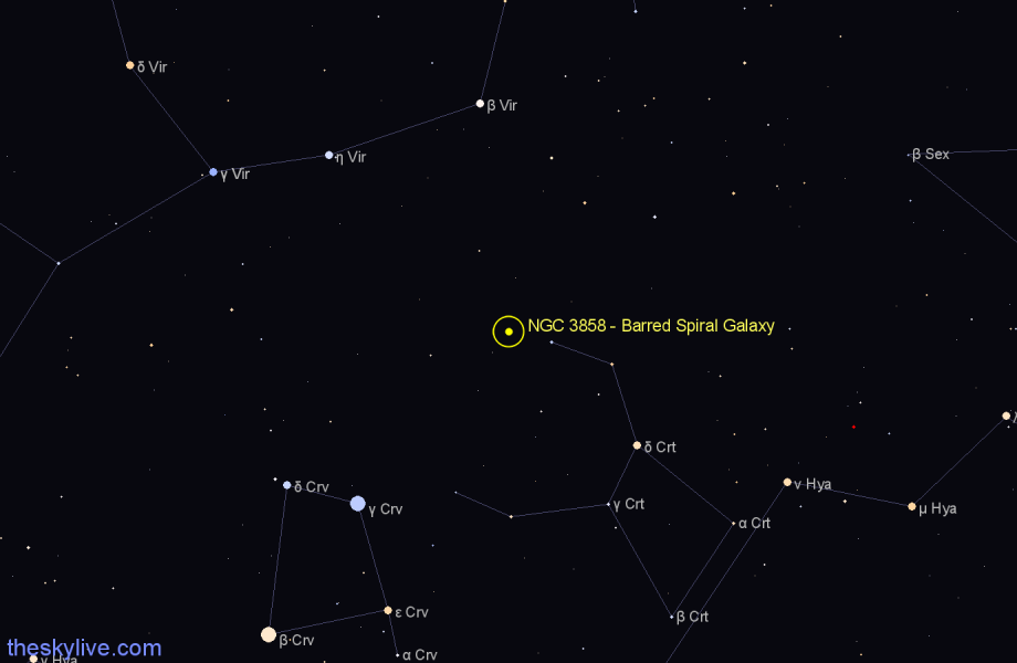 Finder chart NGC 3858 - Barred Spiral Galaxy in Crater star