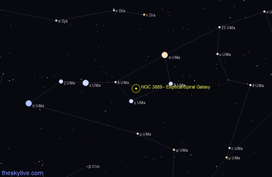 Finder chart NGC 3889 - Elliptical/Spiral Galaxy in Ursa Major star