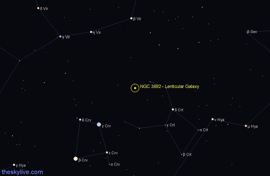 Finder chart NGC 3892 - Lenticular Galaxy in Crater star