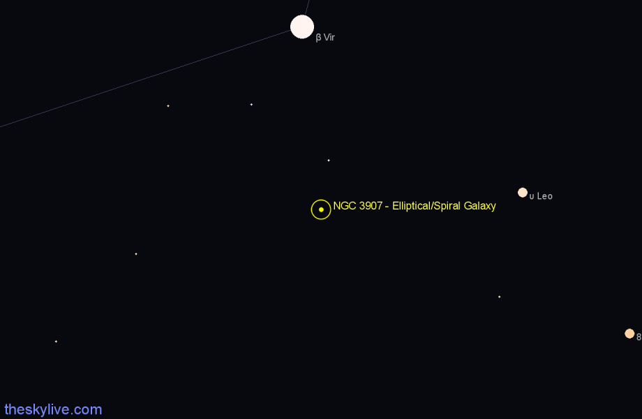 Finder chart NGC 3907 - Elliptical/Spiral Galaxy in Virgo star