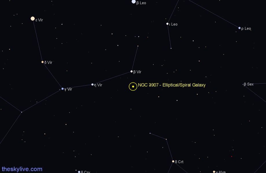 Finder chart NGC 3907 - Elliptical/Spiral Galaxy in Virgo star