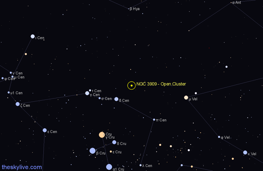 Finder chart NGC 3909 - Open Cluster in Centaurus star