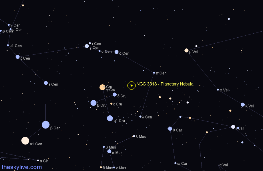 Finder chart NGC 3918 - Planetary Nebula in Centaurus star