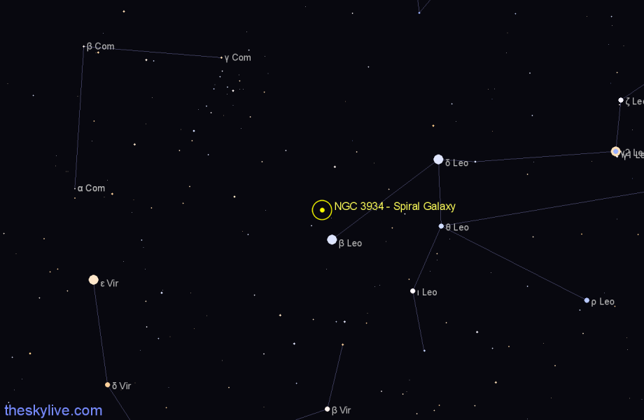 Finder chart NGC 3934 - Spiral Galaxy in Leo star