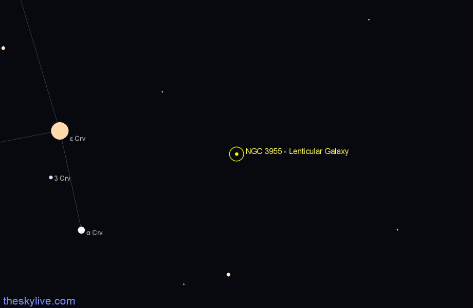 Finder chart NGC 3955 - Lenticular Galaxy in Crater star