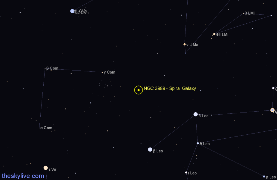 Finder chart NGC 3989 - Spiral Galaxy in Leo star