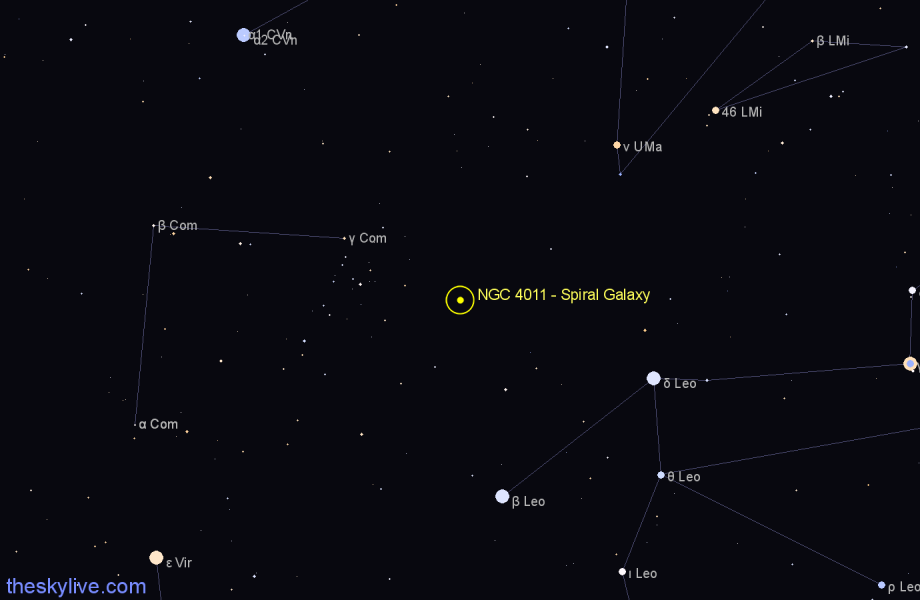 Finder chart NGC 4011 - Spiral Galaxy in Coma Berenices star